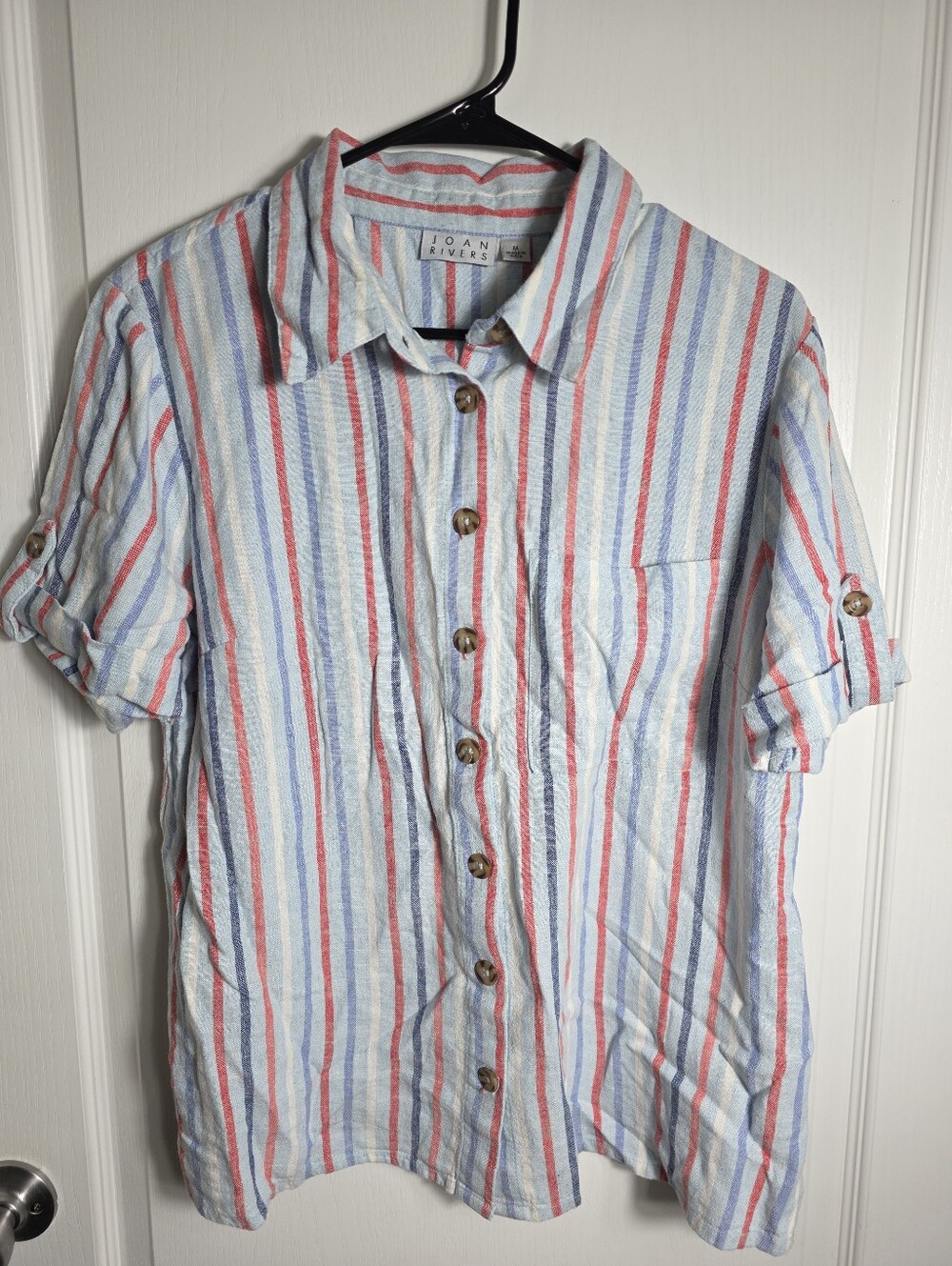 Womens Joan Rivers Linen Blend Camp Shirt Medium Red White Blue